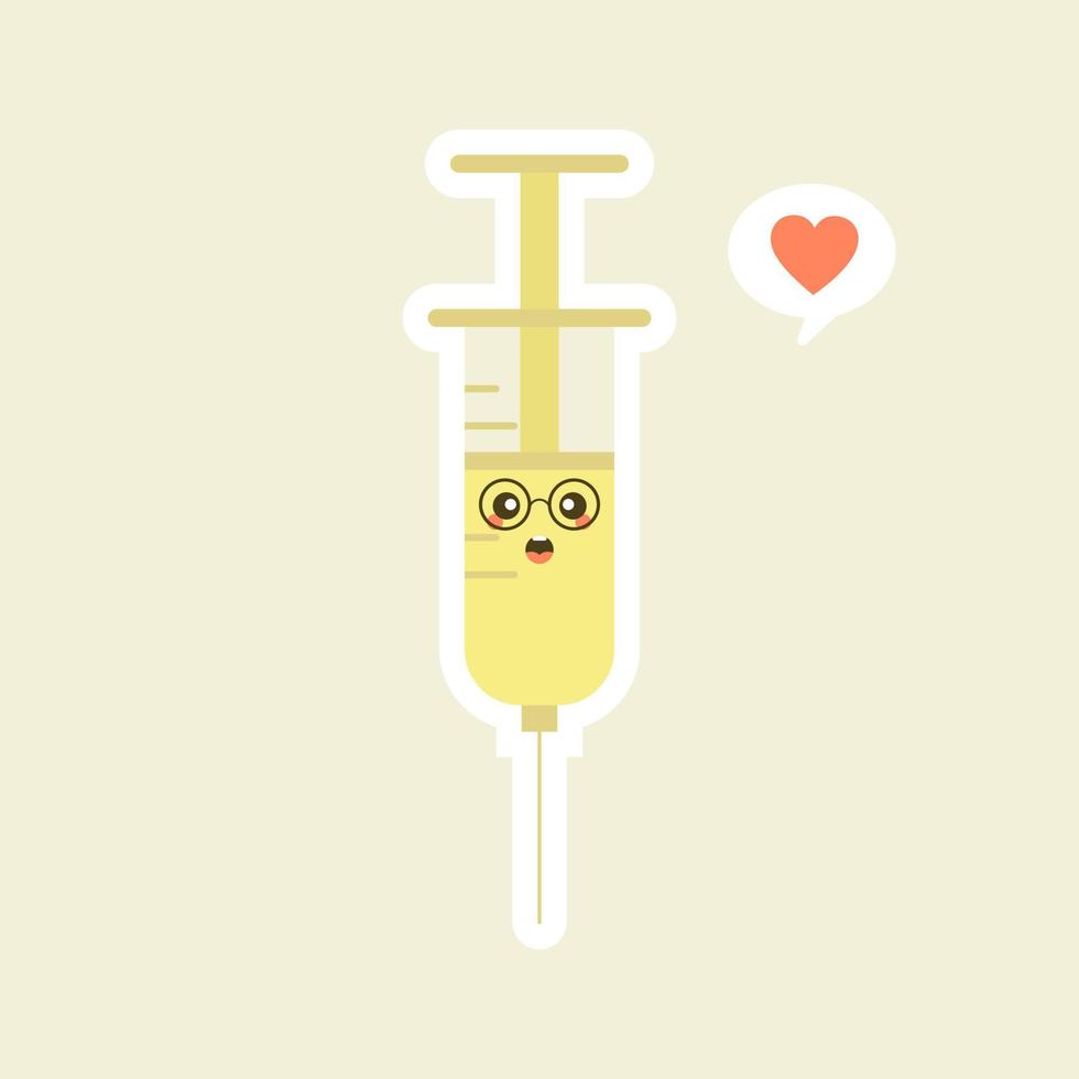 schattig en kawaii spuit. vector platte cartoon karakter illustratie pictogram ontwerp. spuit, medisch vaccinconcept. kan gebruiken voor poster, element, mascotte, emoji, emoticon voor virus, coronavirus covid-19