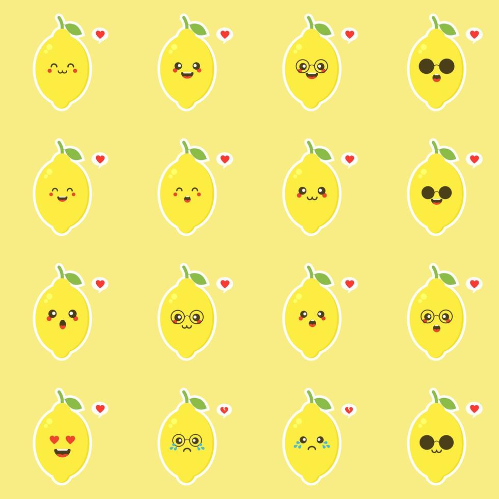 set van schattige en grappige citroenkarakters met verschillende gezichtsuitdrukkingen. cartoon vectorillustratie geïsoleerd op een witte achtergrond. set kawaii citroen karakters, mascottes, emoticons. vector