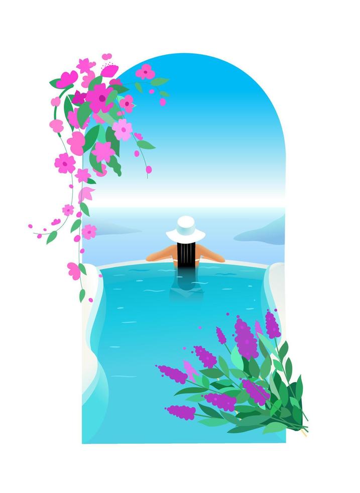 meisje in een hoed in het zwembad. zomer rust. resort en spa in griekenland, santorini. ontspanning, vakantie. vector illustratie