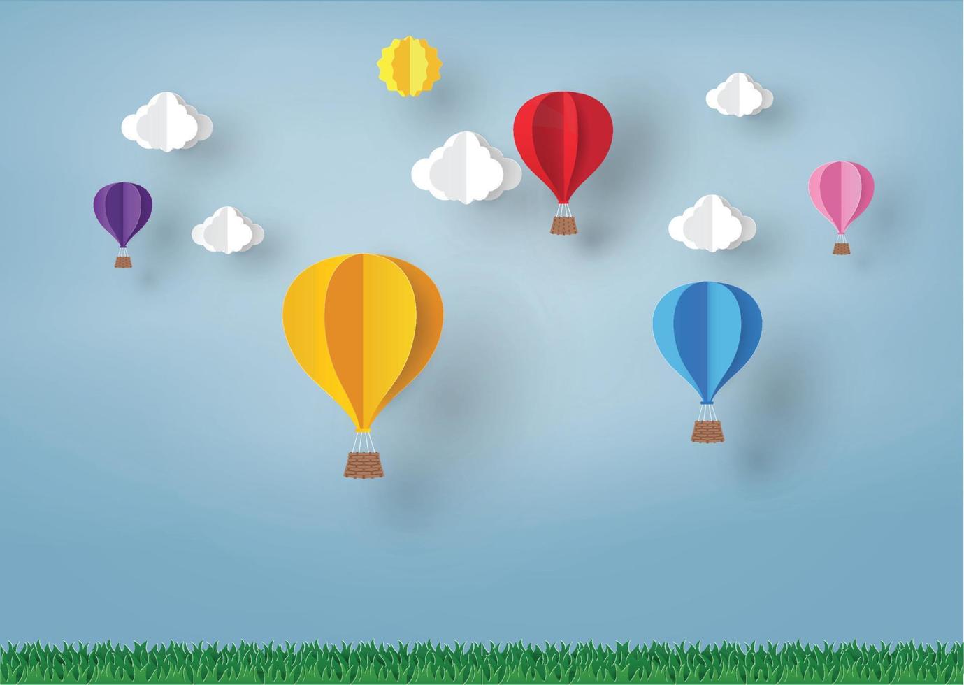 kleurrijke ballon en wolk in de blauwe lucht met papierkunstontwerp, vectorontwerpelement en illustratiekleurrijke ballon en wolk in de blauwe lucht met papierkunstontwerp, vectorontwerpelement vector