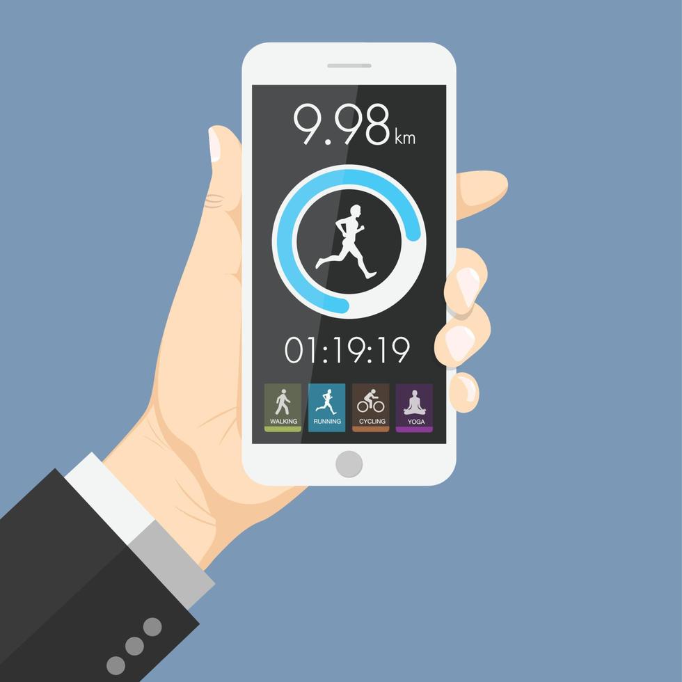 platte ontwerpstijl menselijke hand met smartphone-tablet met gezondheidsapp in het scherm, vectorontwerpelementillustratie vector