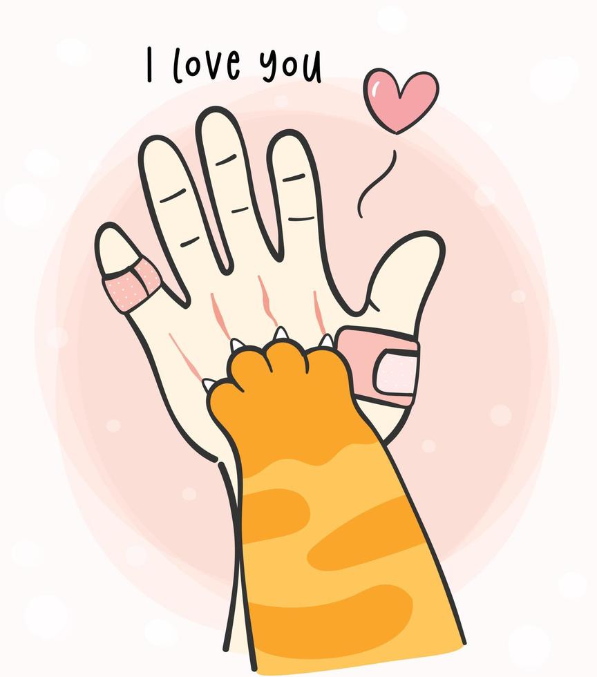 schattig wenskaart dier, schattige kat kat poot hallo vijf op menselijke hand cartoon doodle vector