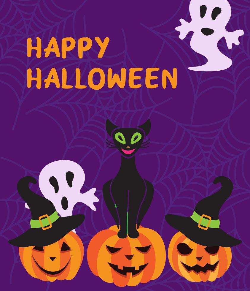 happy halloween vectorillustratie met een zwarte kat zittend op een pompoen, hoed en spoken. gelukkige halloween-wenskaart vector