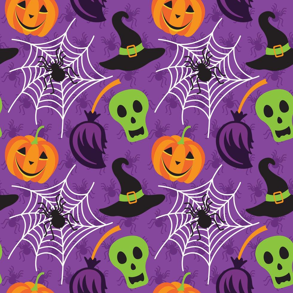 vector naadloos patroon met halloween symbolen spiderweb, pompoen, schedel, spin, bezem en magische hoed.