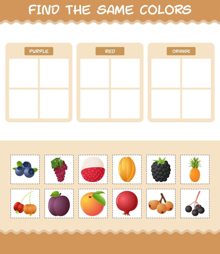 dezelfde kleuren fruit vinden. zoek- en matchspel. educatief spel voor kleuters en peuters vector