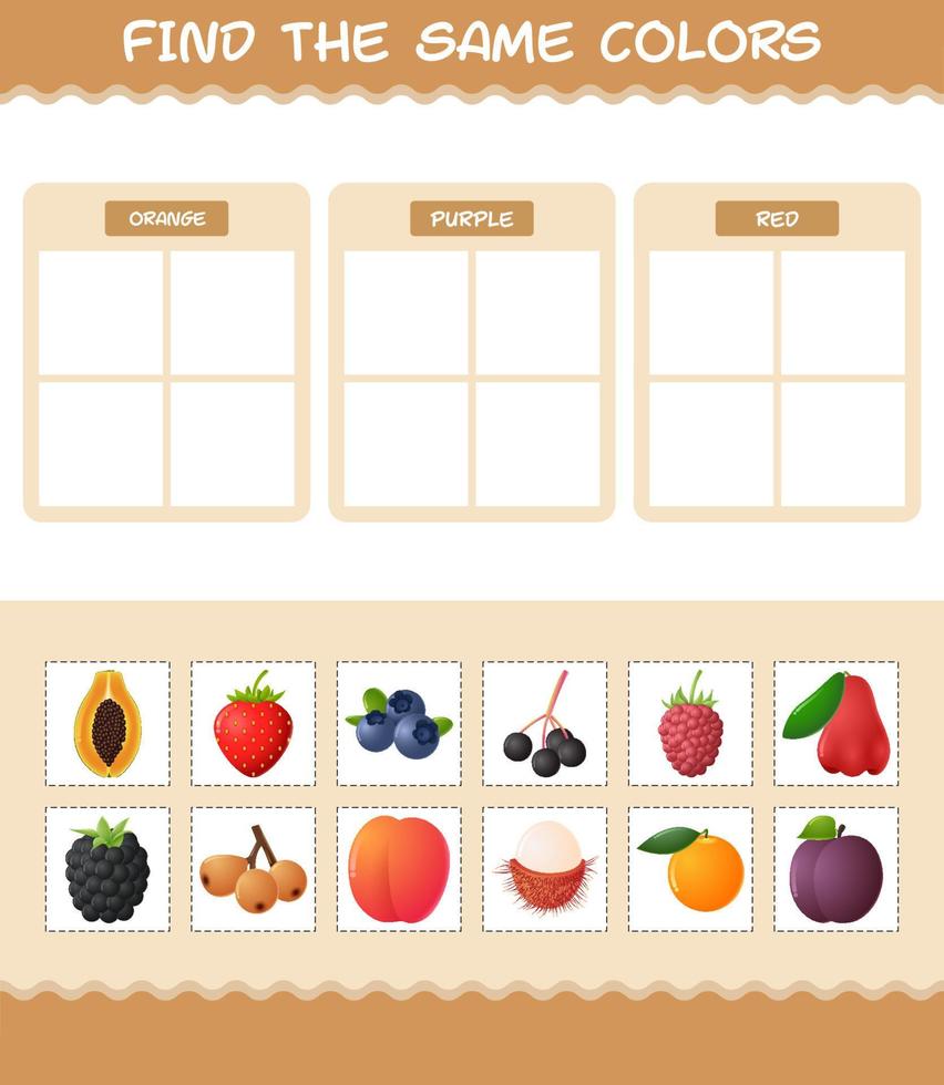 dezelfde kleuren fruit vinden. zoek- en matchspel. educatief spel voor kleuters en peuters vector