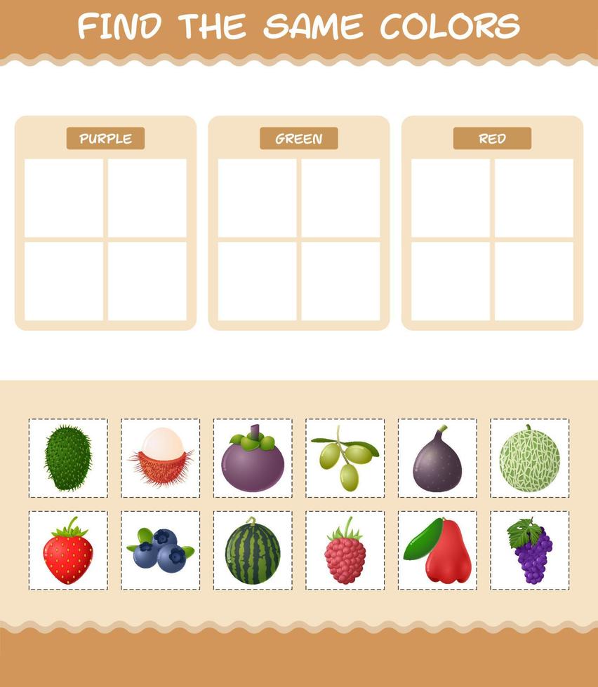 dezelfde kleuren fruit vinden. zoek- en matchspel. educatief spel voor kleuters en peuters vector