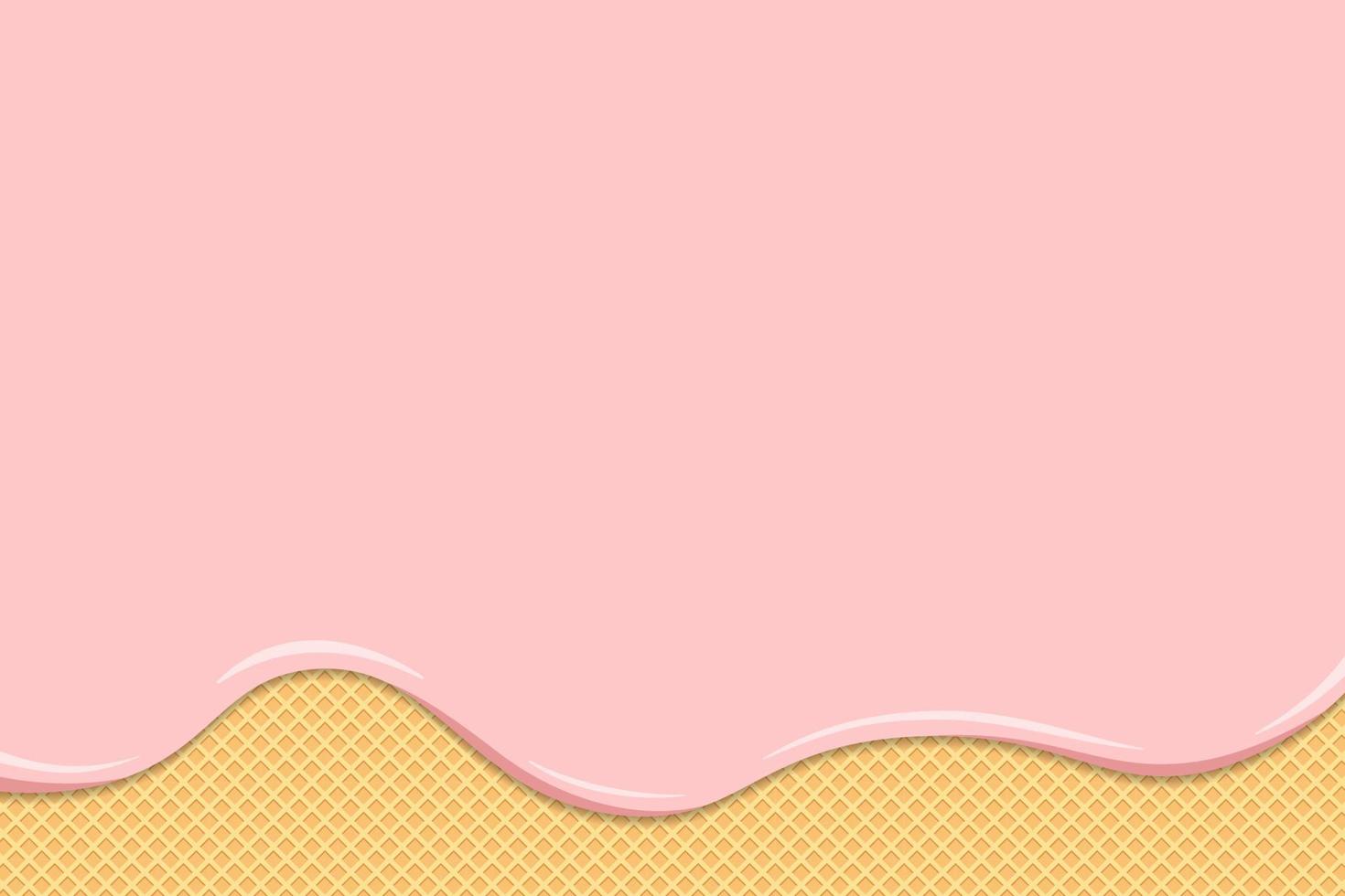 ijs of yoghurt smelten op wafel. roze romige of melkvloeistofdruppels stromen op geroosterde knapperige koekjes. geglazuurde wafel zoete cake textuur. vector achtergrond sjabloon voor banner met ruimte voor tekst