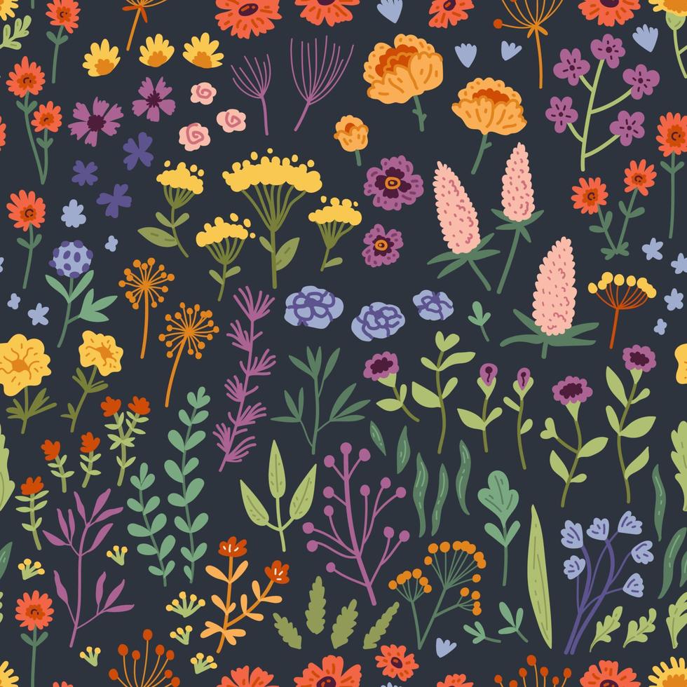 vector naadloos patroon met hand getrokken wilde planten, kruiden en bloemen, kleurrijke botanische illustratie,