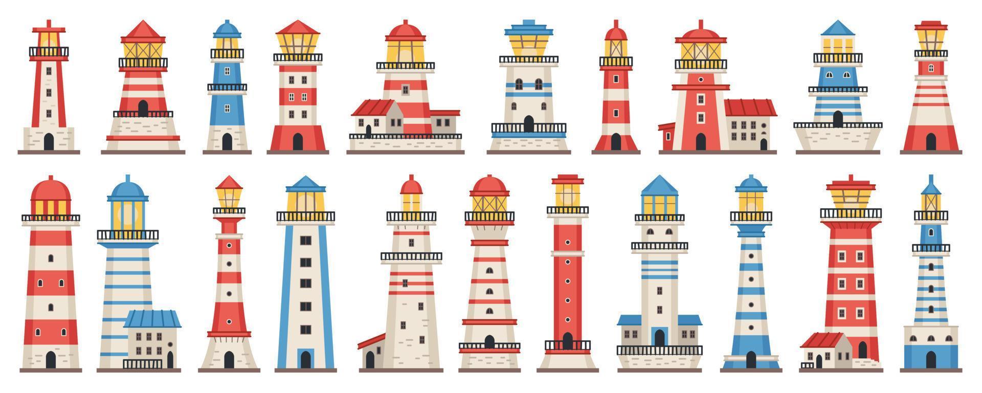 cartoon vuurtoren vector set. zoeklicht platte torens van verschillende typen