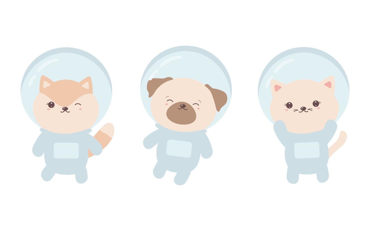 set van schattige kawaii dieren astronauten in pastelkleuren. grappige hond, kat en vos in ruimtepakken. vectorillustratie geïsoleerd op een witte achtergrond vector