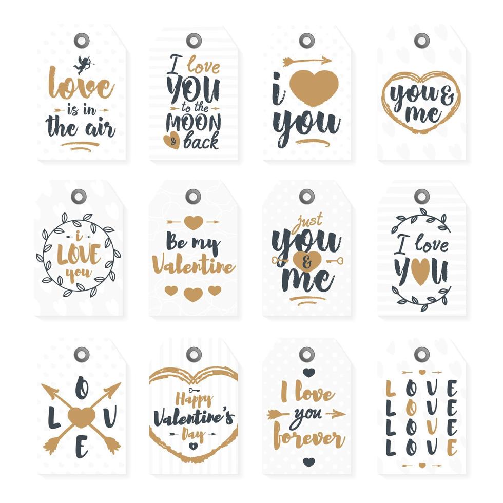 happy Valentijnsdag label set met mooie belettering typografie gefeliciteerd gouden stijl op witte achtergrond. vector illustratie