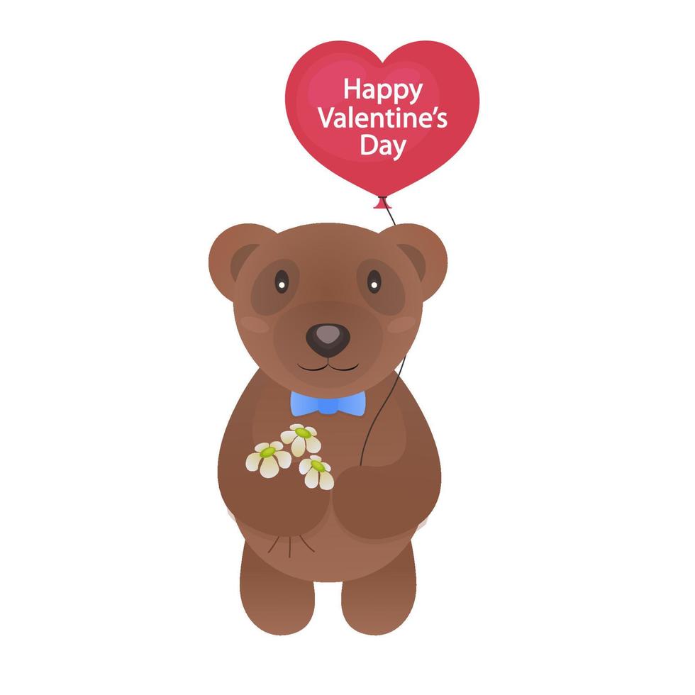 Valentijn beer met bloemen en rode ballon met teken happy Valentijnsdag voor gebruik wenskaart, postzegels, label, posters en romantisch citaat. vector illustratie