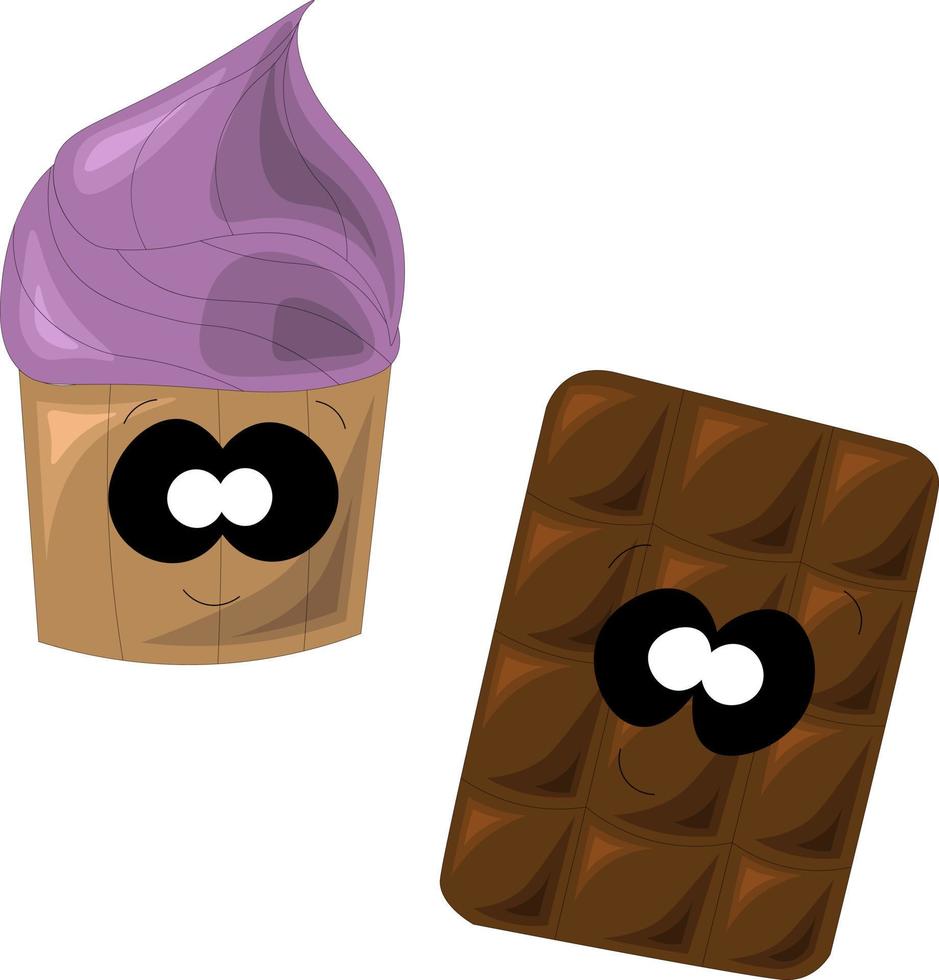 schattige cupcake en chocolade in cartoonstijl vector