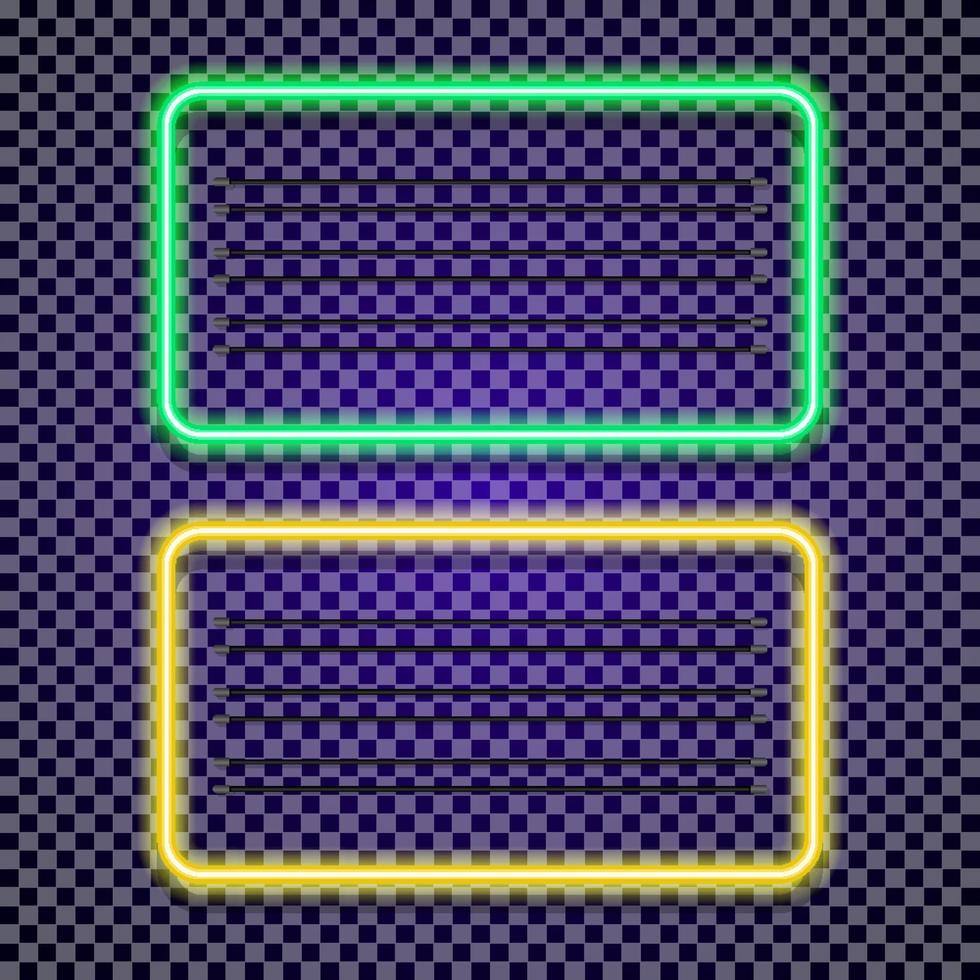 neon horizontale frames instellen groene en gele kleur op transparante achtergrond vector