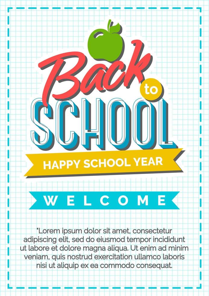 terug naar school kaart met kleurlabel bestaande uit appel en teken gelukkig schooljaar vector