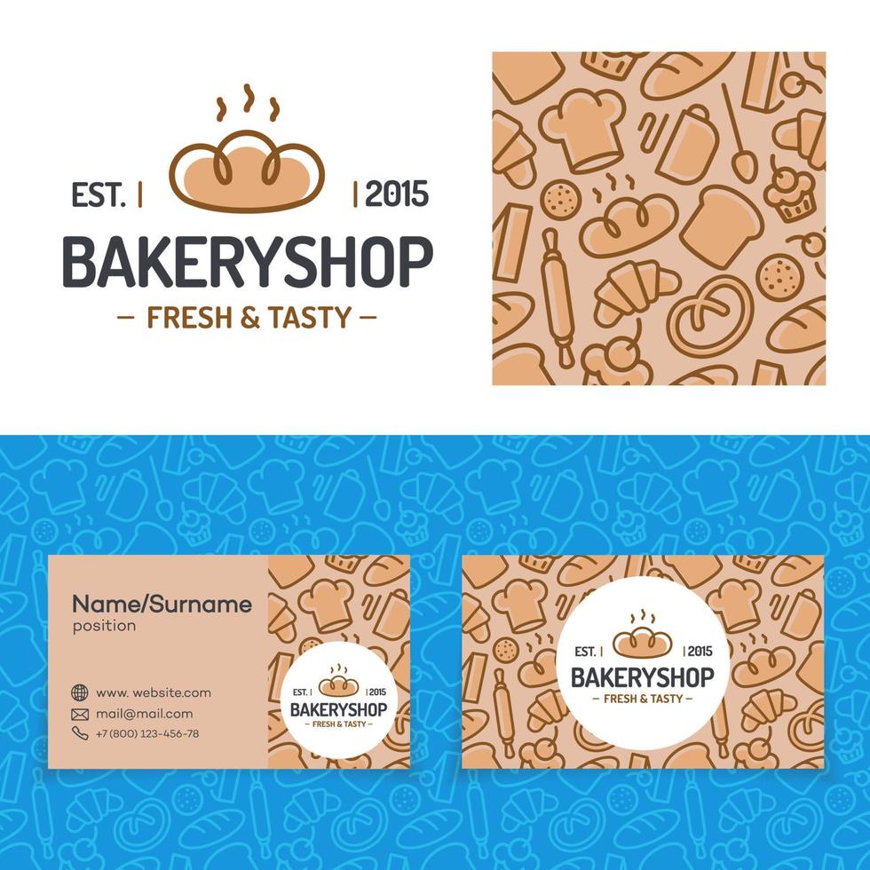 bakkerij winkel set met bakpatroon, kaart en logo bestaande uit brood vector