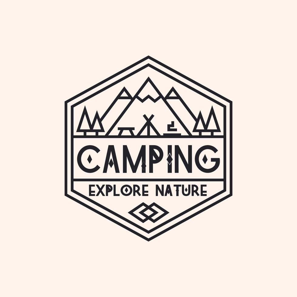 campinglogo bestaande uit bergen, kamp en bomenlijnstijl voor verkenningsembleem, wandelsticker vector