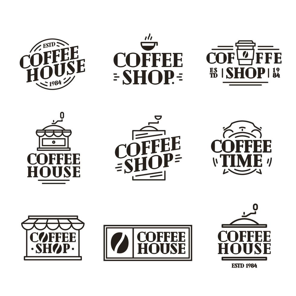 koffiehuis en winkel logo set met papieren kopje koffie, machine zwarte kleur lijnstijl vector