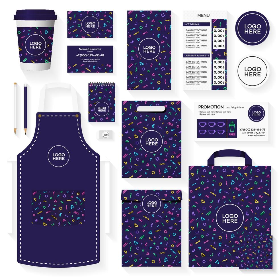 koffiehuis huisstijl sjabloon ontwerpset met memphis geometrische kleurenpatroon. restaurant café set kaart, flyer, menu, pakket, uniforme ontwerpset. vector illustratie