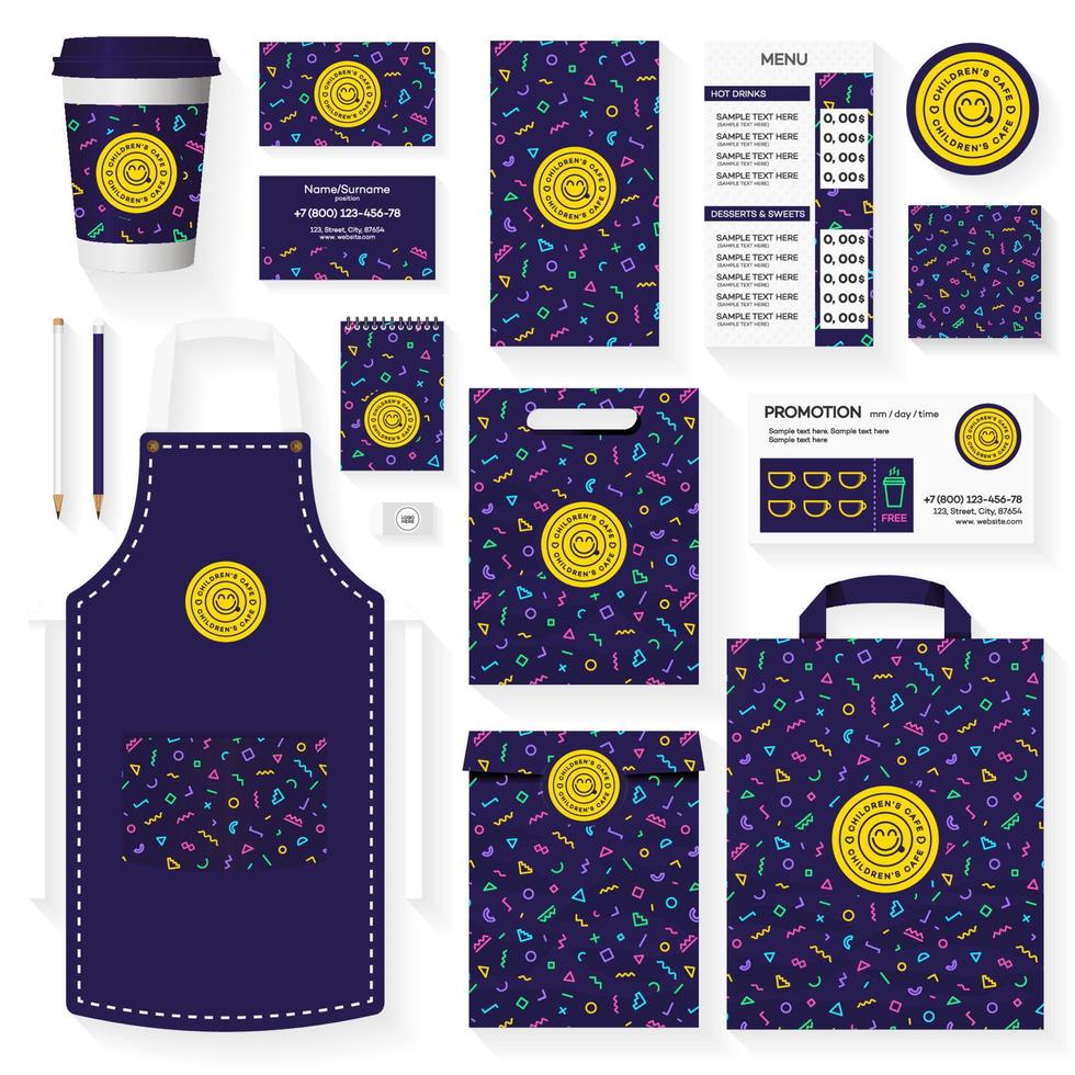 kindercafé huisstijl sjabloon ontwerpset met memphis geometrisch patroon. restaurant café set kaart, flyer, menu, pakket, uniforme ontwerpset. voorraad vector