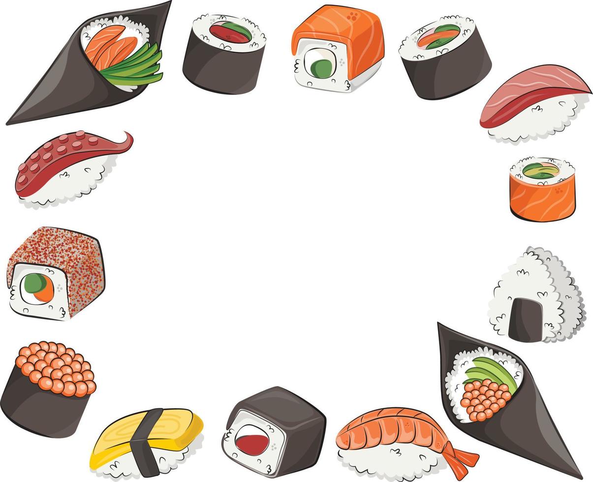 Japanse keuken, vast voedsel. voor restaurantmenu's en posters. levering sites platte vectorillustratie geïsoleerd op een witte frame achtergrond. sushi rolt onigiri sojasaus set. voorraad foto. vector