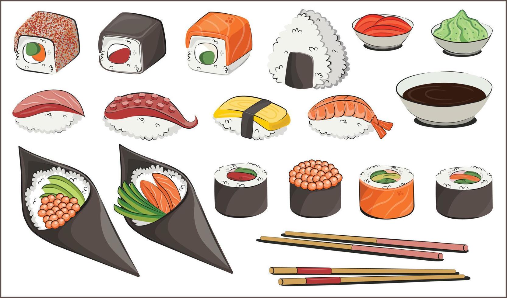 Japanse keuken, vast voedsel. voor restaurantmenu's en posters. levering sites platte vectorillustratie geïsoleerd op een witte achtergrond. sushi rolt onigiri sojasaus set. voorraad foto. vector