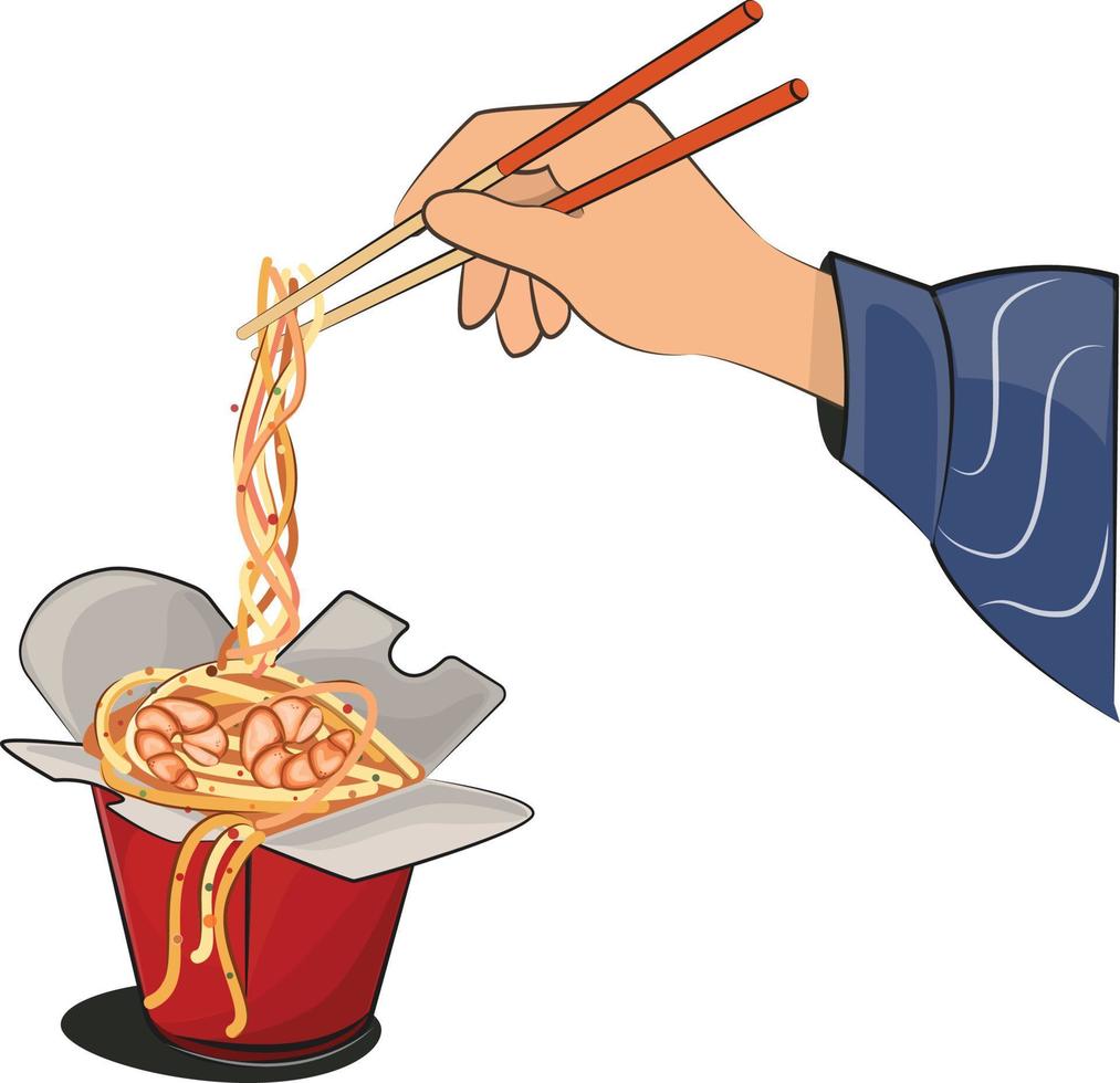 Japanse bezorgmaaltijden. armen met eetstokje voor restaurantmenu's en posters. levering sites platte vectorillustratie geïsoleerd op een witte achtergrond. sushi rolt ramen wok. voorraad foto. vector