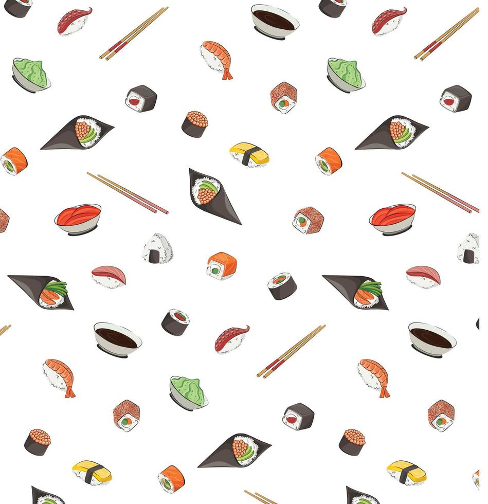 Japanse keuken, eten. vector patroon vlakke afbeelding geïsoleerd op een witte achtergrond. sushi rolt onigiri sojasaus naadloos patroon. voorraad foto. voor restaurantmenu's en posters. levering
