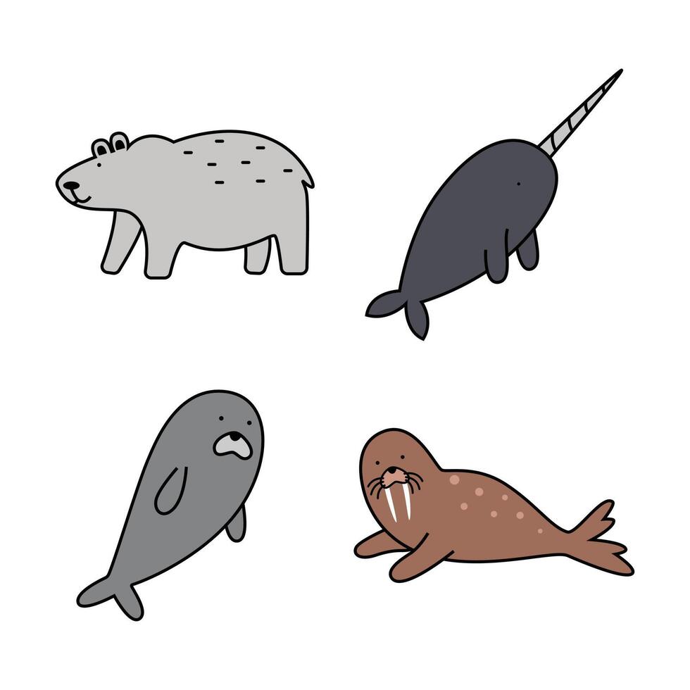 set van schattige wilde pooldieren. verzameling van fauna van arctisch. leuke stripfiguren geïsoleerd op een witte achtergrond vector