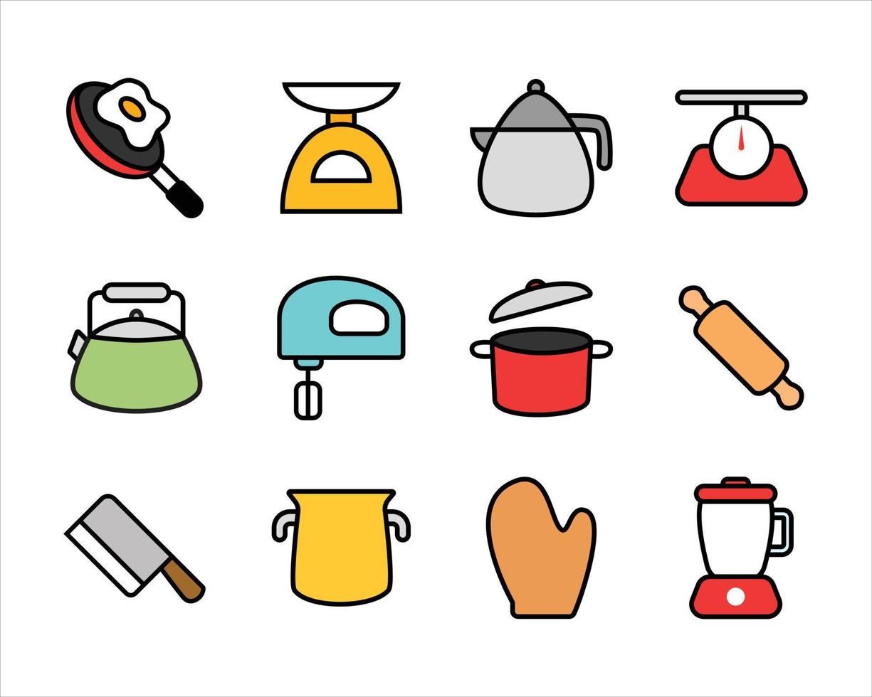set van kleurrijke kookgereedschappen pictogrammen. keuken spullen in lijntekeningen cartoon design vector