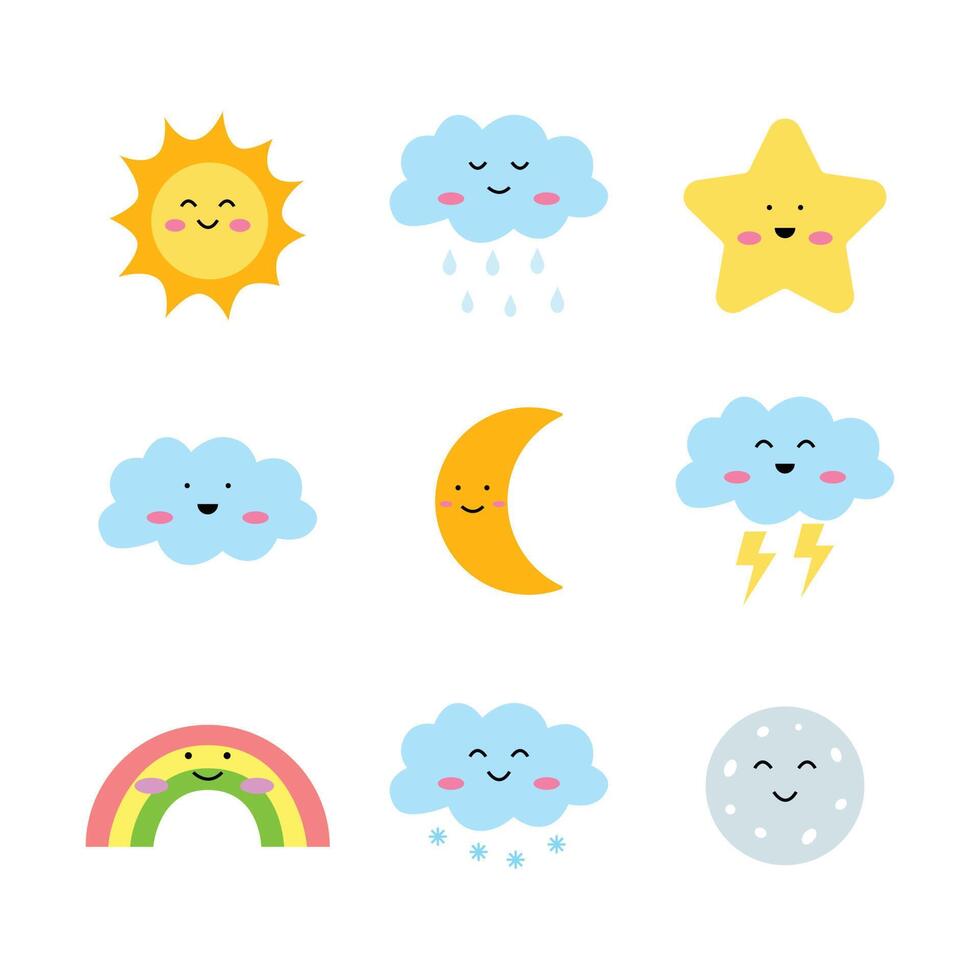 set van schattig weer mascotte afbeelding ontwerp. emotionele weersvoorspelling. schattige zon, regenboog, sterren en vrolijke wolken. vector