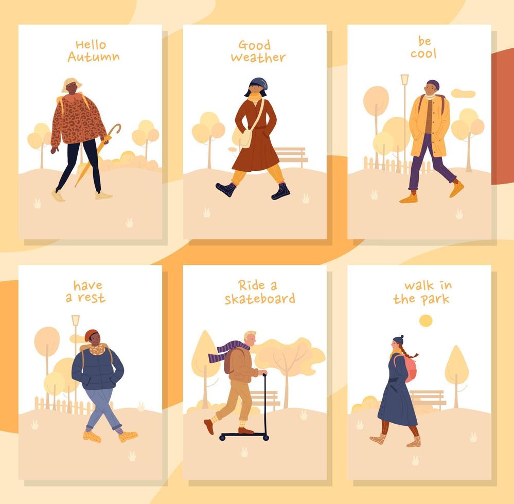 motivatie mensen om te lopen tijdens herfstkaarten set vector