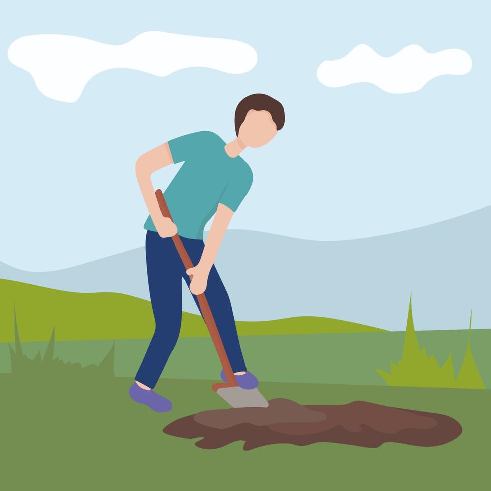 man met een schop die de grond graaft. landbouw- en boerderijwerk in de tuin. tuinseizoen, het land bewerken voor de oogst vector