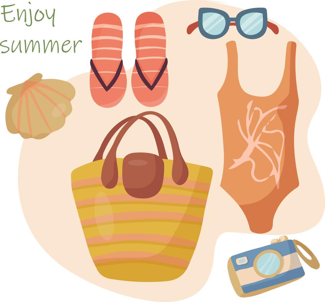 set met spullen en accessoires voor de strandvakantie. tas, zonnebril, zwempak, zomerhoed, camera vector