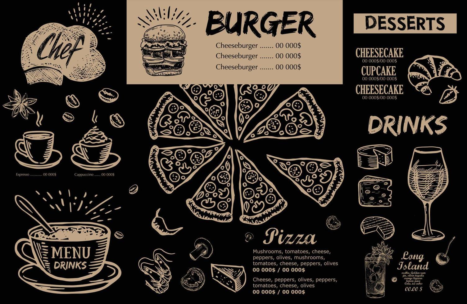 restaurantmenu, sjabloonontwerp... voedselflyer. handgetekende stijl. vectorillustratie. vector