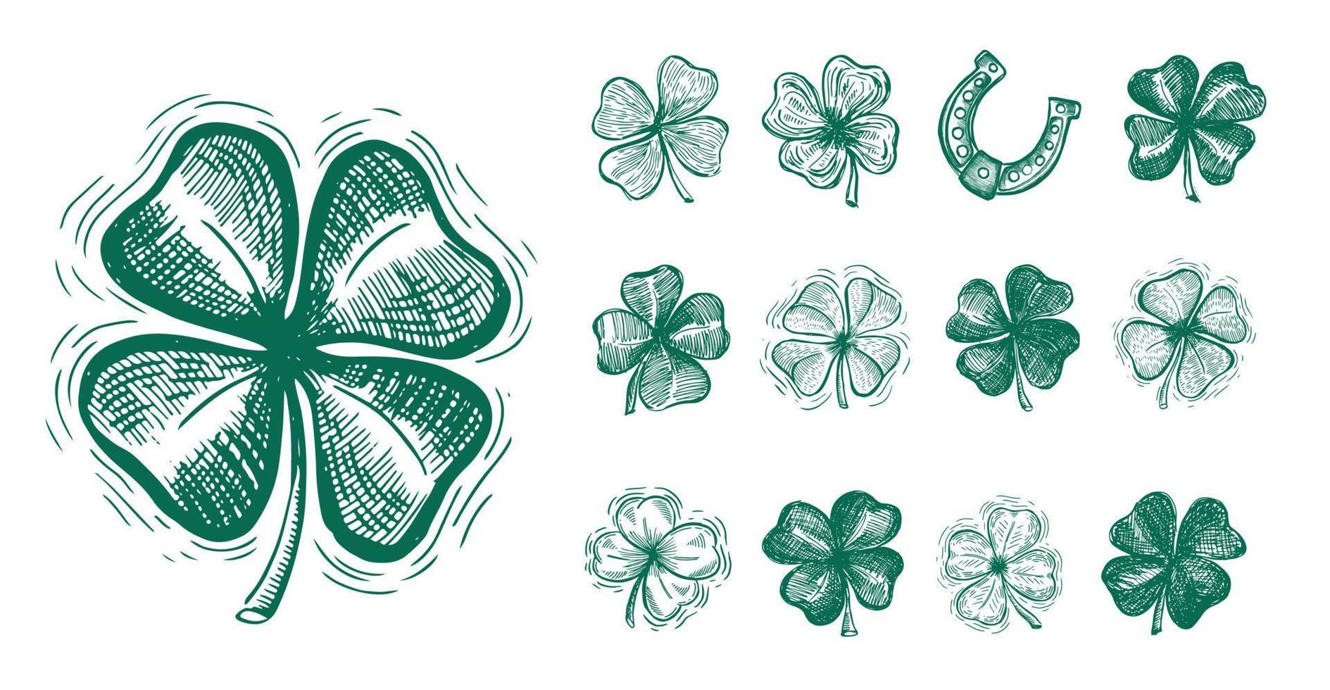 klaver, hoefijzer set, st. Patrick's dag. handgetekende illustraties. vector. vector