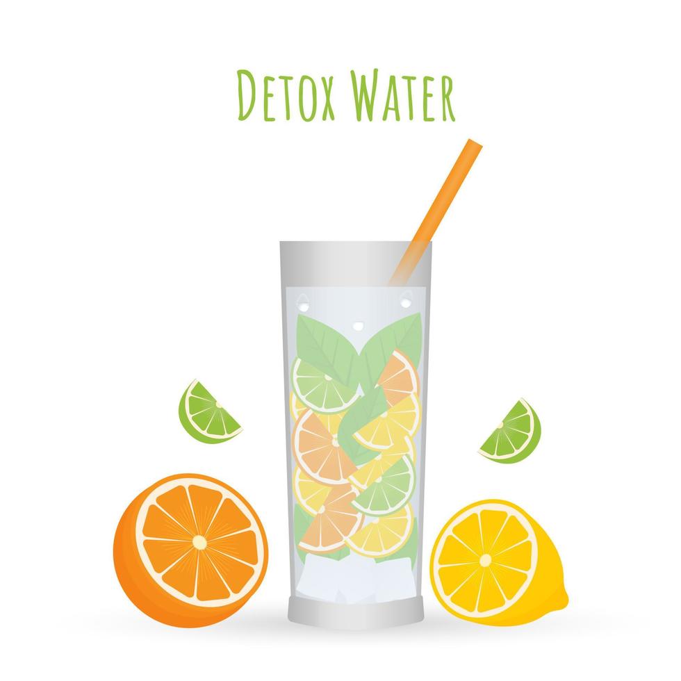 detox water in glas vectorillustratie. verfrissende citrusdrank, sinaasappel, citroen en limoenschijfjes met groene muntblaadjes. zomer drankje. gezond levensstijlconcept. vector