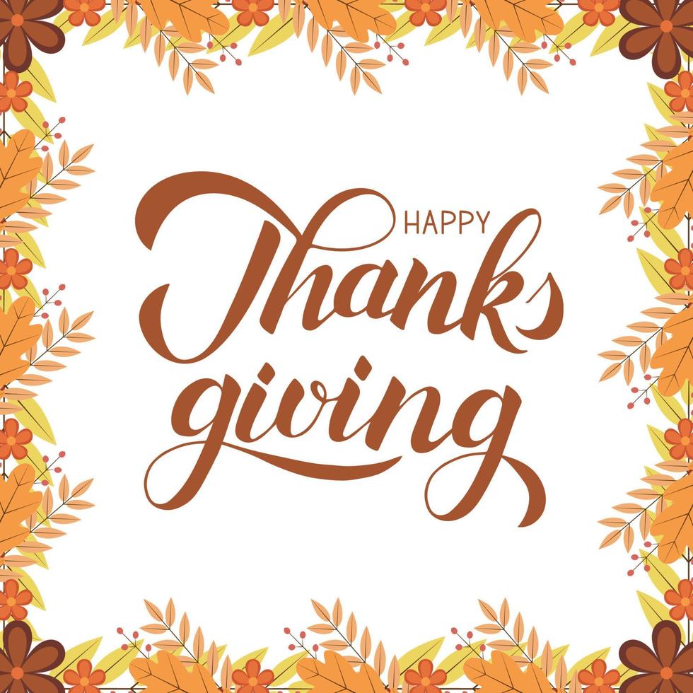 happy thanksgiving kalligrafie borstel belettering. val thema vectorillustratie. rand van kleurrijke herfstbladeren en bessen. Thanksgiving day wenskaart, uitnodiging of teken. vector