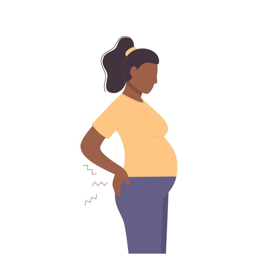 illustratie van Afrikaanse zwangere vrouw die rugpijn ervaart. ze houdt haar terug met één hand. ziekten van de zwangerschap. vrouwenconsult, gynaecologie, zwangerschapssymptoom vector