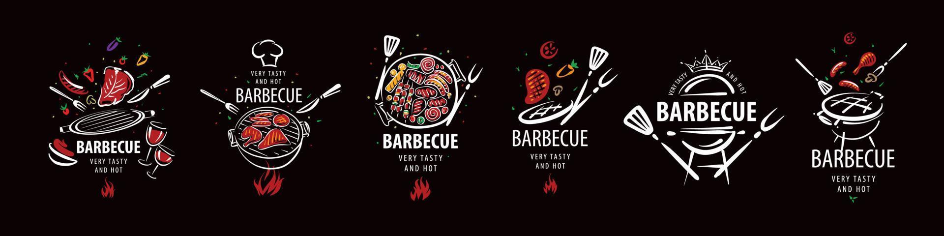 een reeks getekende vectorbarbecue-illustraties geïsoleerd op een zwarte achtergrond vector