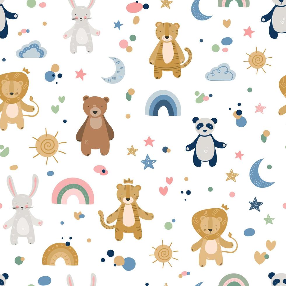 cartoon schattige dieren babypatroon met regenboog vector