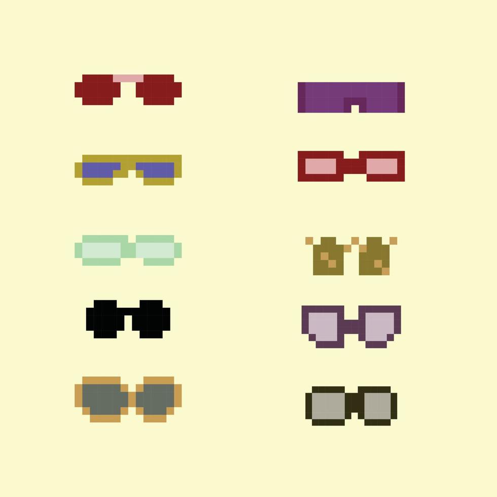 pixel art 8 bit zonnebril collecties vector met effen kleur achtergrond