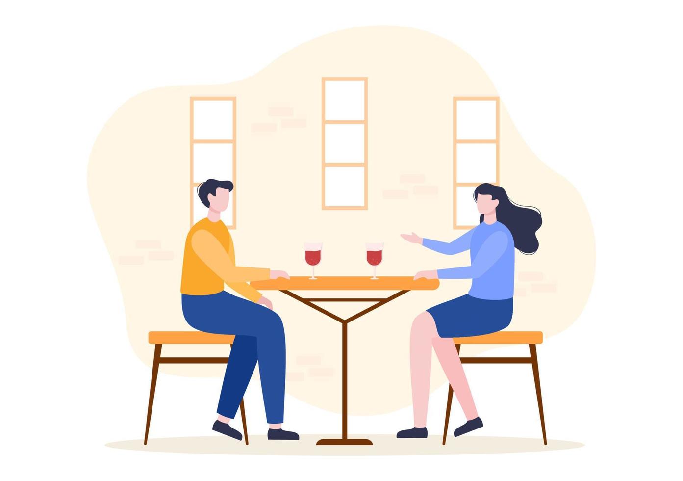 mensen die eten, praten, drinken en werken aan tafels in café of restaurant in platte cartoonillustratie vector
