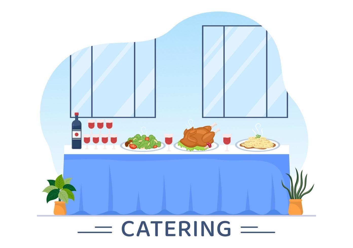 cateringservice met mensenhanden en een tafel voor zakelijke bijeenkomsten, banketten, bruiloft of feest in café of restaurant in platte cartoonillustratie vector