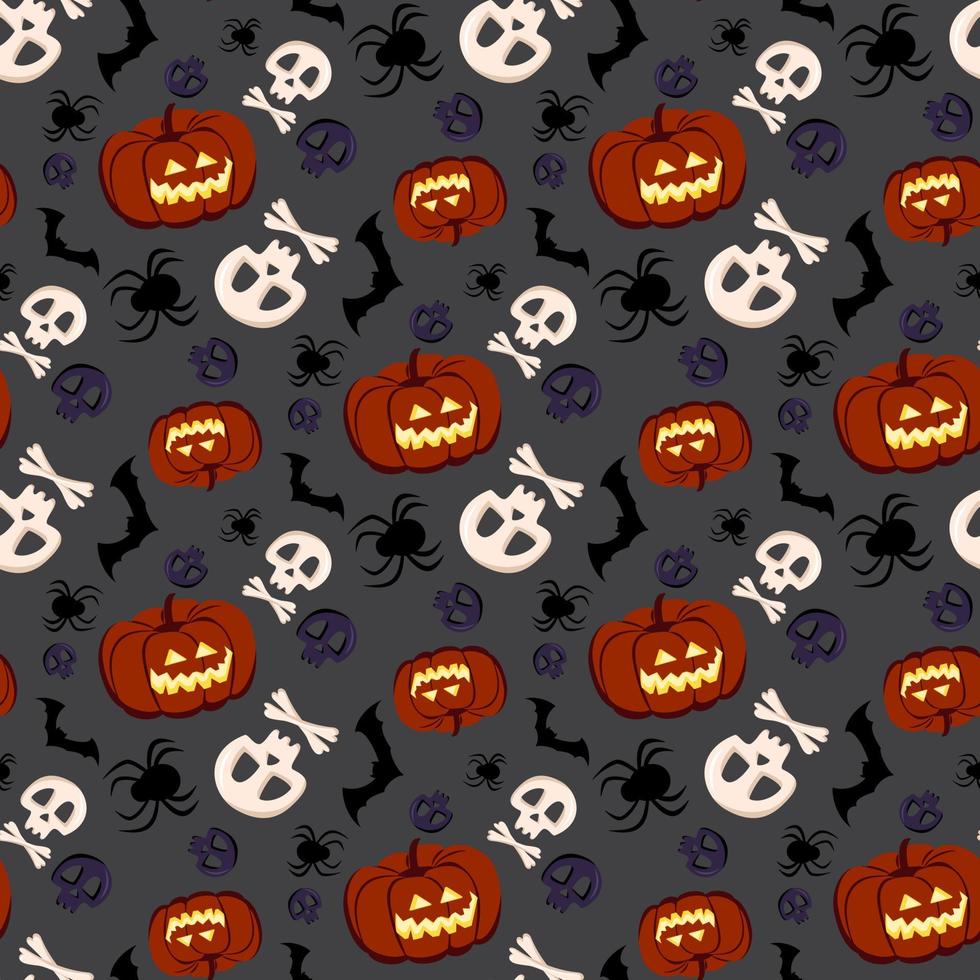 schattig donker naadloos patroon met pompoenen, spinnenwebben en spinnen. Halloween-feestdecoratie. groenteprint met een grijns. feestelijke achtergrond voor papier, textiel, vakantie en design. vectorillustratie. vector