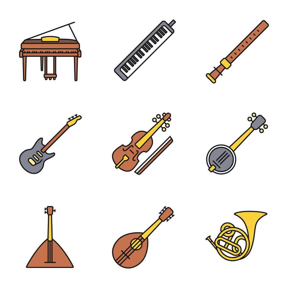 muziekinstrumenten gekleurde pictogrammen instellen. piano, melodica, duduk, elektrische gitaar, altviool, banjo, balalaika, mandoline, hoorn. geïsoleerde vectorillustraties vector