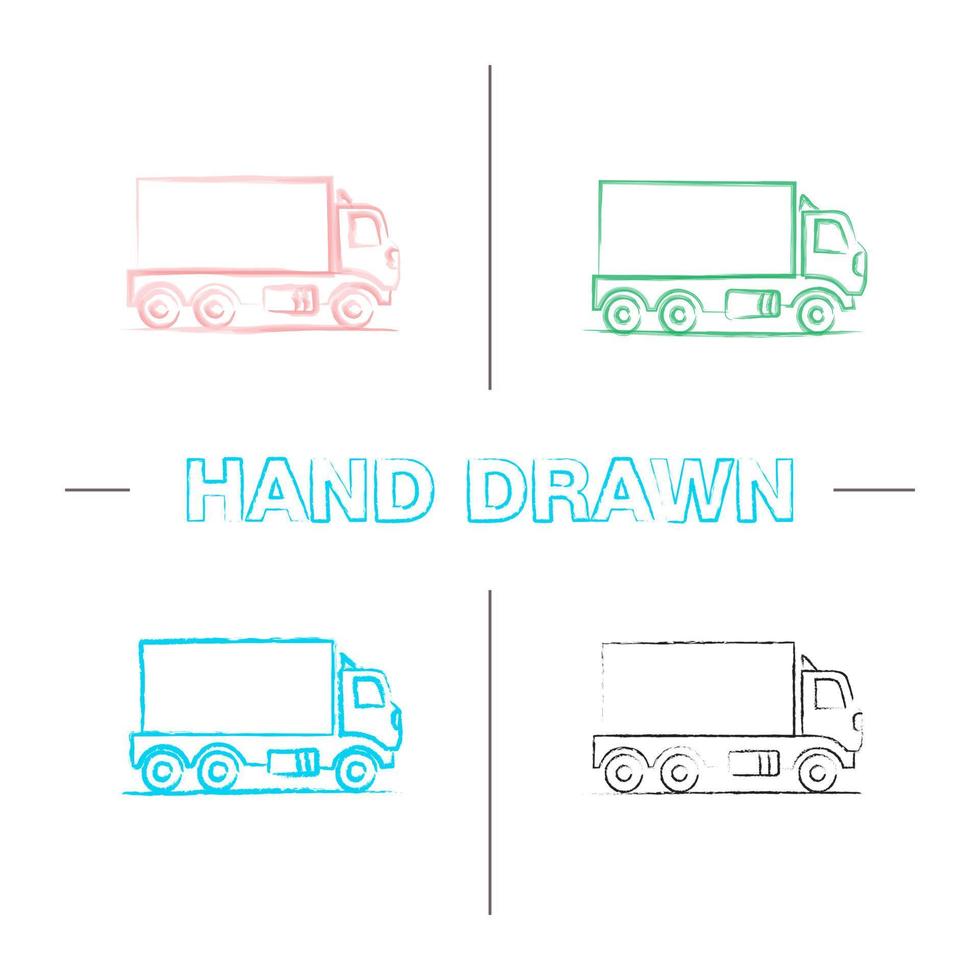 bestelwagen hand getrokken pictogrammen instellen. kleur penseelstreek. vrachttransport. geïsoleerde vector schetsmatige illustraties