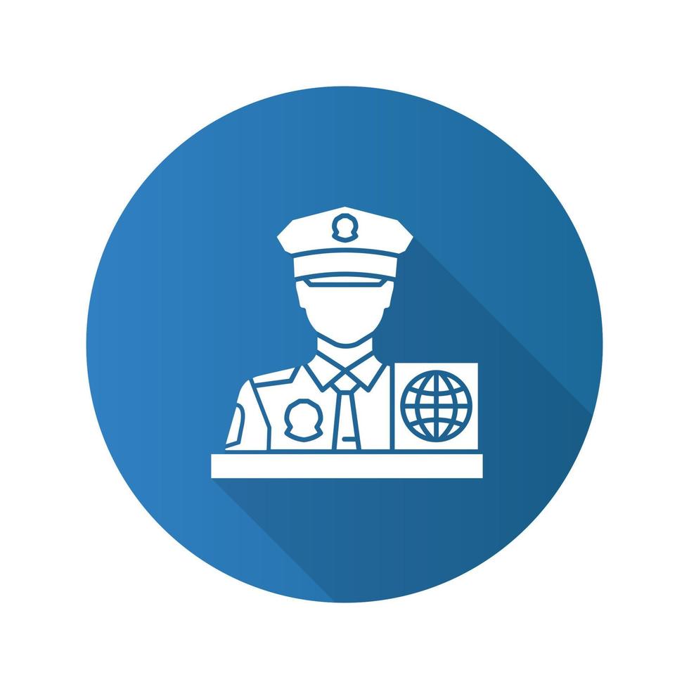 paspoortcontrole officier platte ontwerp lange schaduw glyph pictogram. grensbewakingsdienst. vector silhouet illustratie