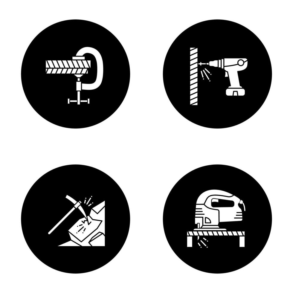 bouw tools glyph pictogrammen instellen. schroefklem, draagbare schroevendraaier, houweel, elektrische decoupeerzaag. vector witte silhouetten illustraties in zwarte cirkels